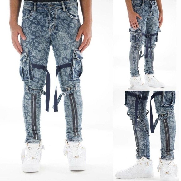 Valabasas Jeans Paisley Blue Denim Cargo Straps‎ Pants Limited Edition - Picture 1 of 8